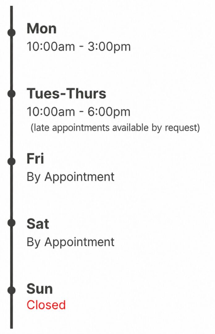 Business hours schedule showing Sunday closed